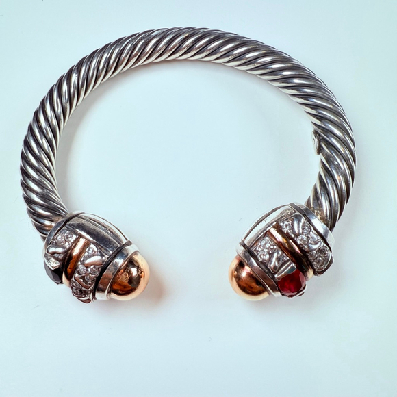 14K Gold Renaissance Ruby & Spinel Cable Cuff Sterling Silver 925 Bracelet - Picture 2 of 11